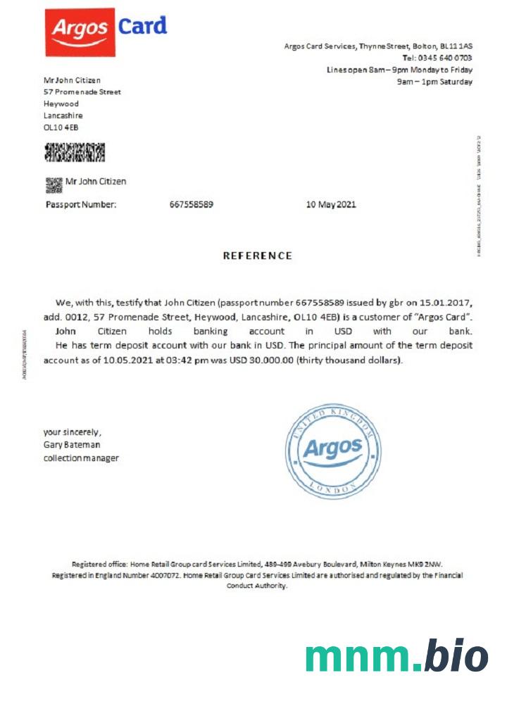 Przykład odniesienia do karty Argos w Wielkiej Brytanii w formatach Word i PDF